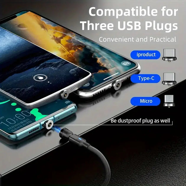 3-in-1 Magnetic Charging Cable: 540° Rotation, Nylon Braided, Compatible with Type C, Micro USB, & iPhone!