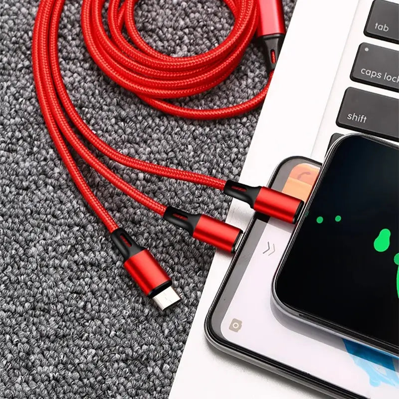 3-in-1 Fast Charging Cable: Charge Your IPhone, Android & More With A Single Cord & Multiple USB Ports!