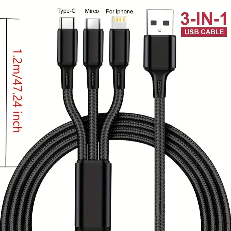 3-in-1 Fast Charging Cable: Charge Your IPhone, Android & More With A Single Cord & Multiple USB Ports!