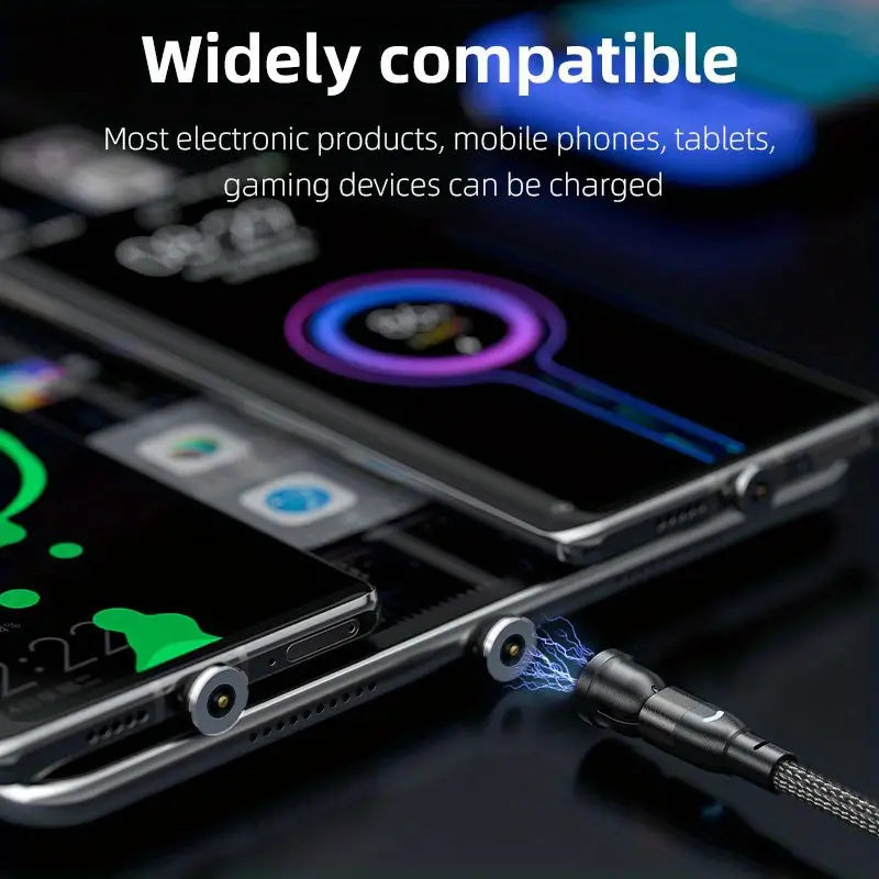 3-in-1 Magnetic Charging Cable: 540° Rotation, Nylon Braided, Compatible with Type C, Micro USB, & iPhone!