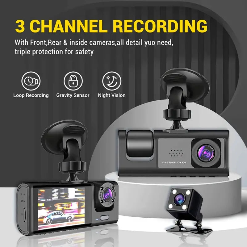 3 Channel 1080P Dash Cam Front And Rear Inside & 32GB Memory Card